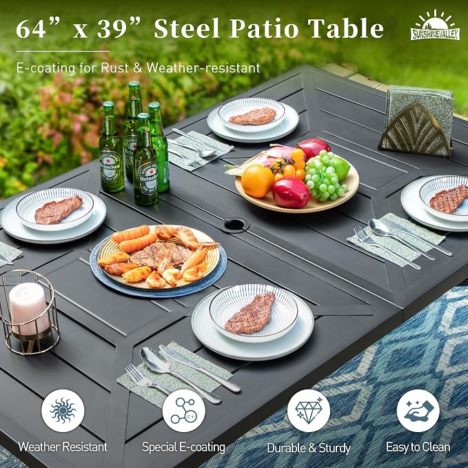 SUNSHINE VALLEY 64" x 39" x28.5" Patio Dining Table ，Rectangular Steel Outdoor Dining Table for Garden Backyard Lawn Yard Furniture, Steel Frame with 1.57" Umbrella Hole