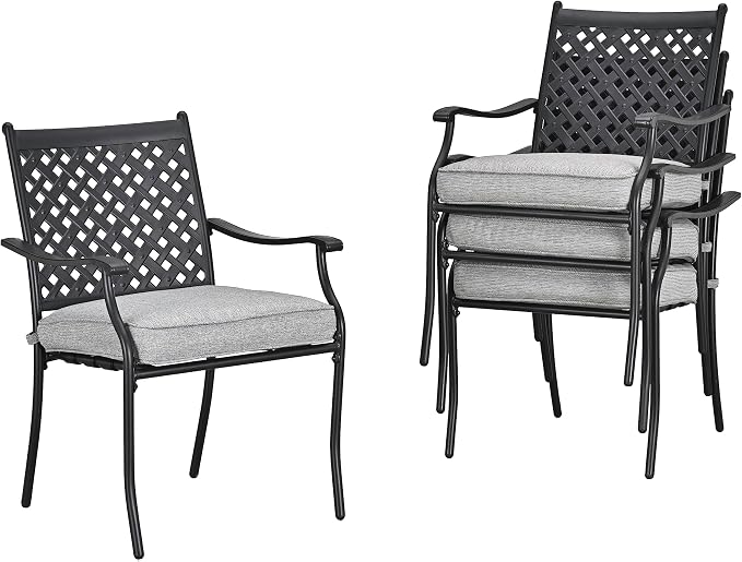 LOKATSE HOME Patio Dining Chairs Set of 4, Stackable Metal Wrought Iron Outdoor Chairs with Armrests & Thick Grey Cushions, All-Weather Heavy Duty Furniture for Garden, Backyard, Deck & Balcony