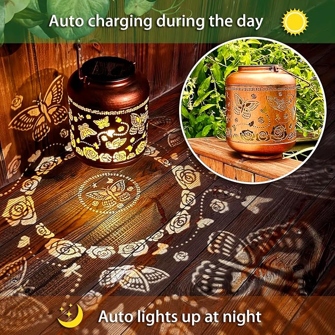 2 Pack Butterfly Outdoor Solar Hanging Lanterns Waterproof LED Solar Lights Metal Decorative Lanterns for Garden, Patio, Courtyard, Backyard, Yard Decor Unique Butterfly Gifts for Women Gardening
