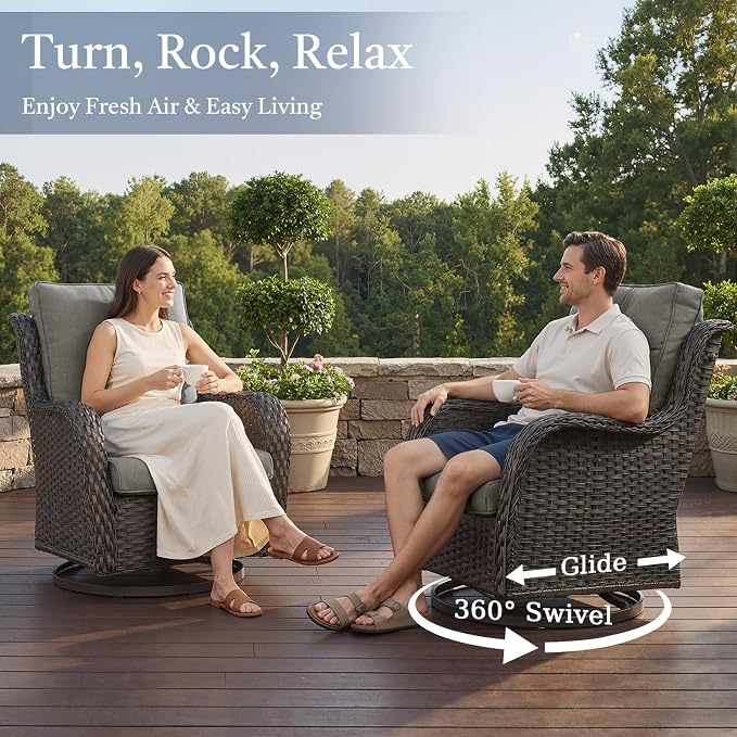 8 Piece High Back Wicker Patio Furniture Set - Patio Conversation Set with 4 Inch Thick Cushions and Deep Seating Swivel Glider Chairs Set of 4 & Outdoor Couch for Porch Deck Yard Pool