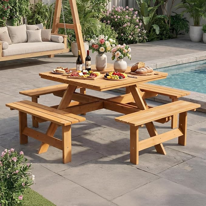 VINGLI 8-Person Wood Picnic Table Sqaure Picnic Table with Umbrella Hole and 4 Built-in Benches, Outdoor Dining Tables and Chairs 500 LBS Bench Capacity (Natural, Sqaure)