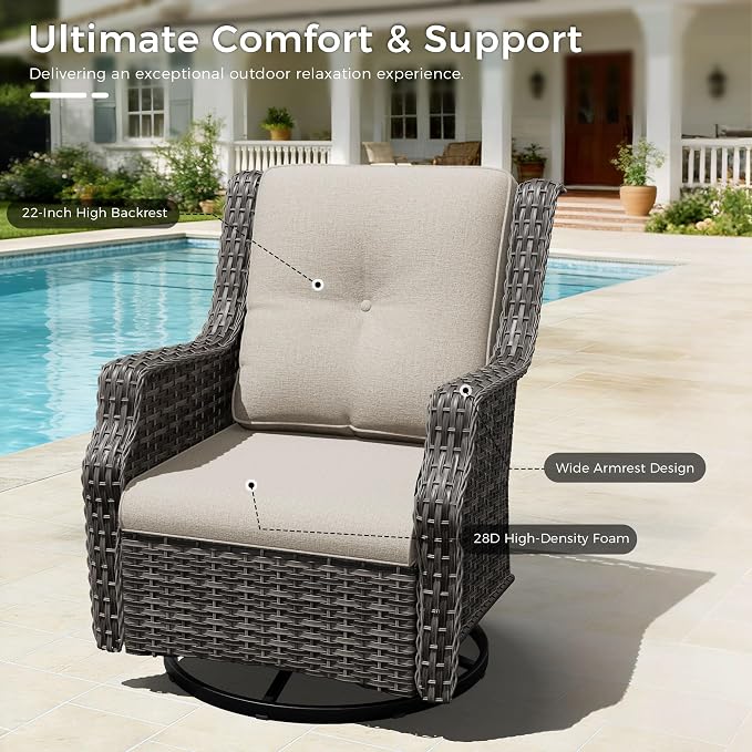 Swivel Patio Chairs Set of 2, Wicker Patio Furniture with Thick Cushions, Curved Armrest, Deep Seating, Rattan Outdoor Chairs for Porch, Deck, Balcony