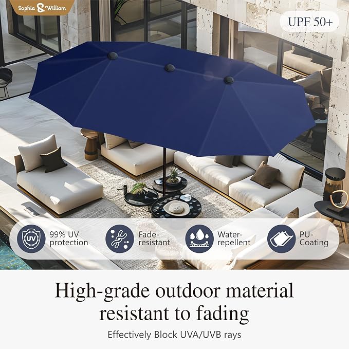 Sophia & William 7 Pieces Patio Dining Set with 13ft Navy Patio Umbrella, Outdoor Metal Table and Rattan Chairs Set for 6 People, Outdoor Dining Set with Cushions & 1.6" Adjustable Umbrella Hole