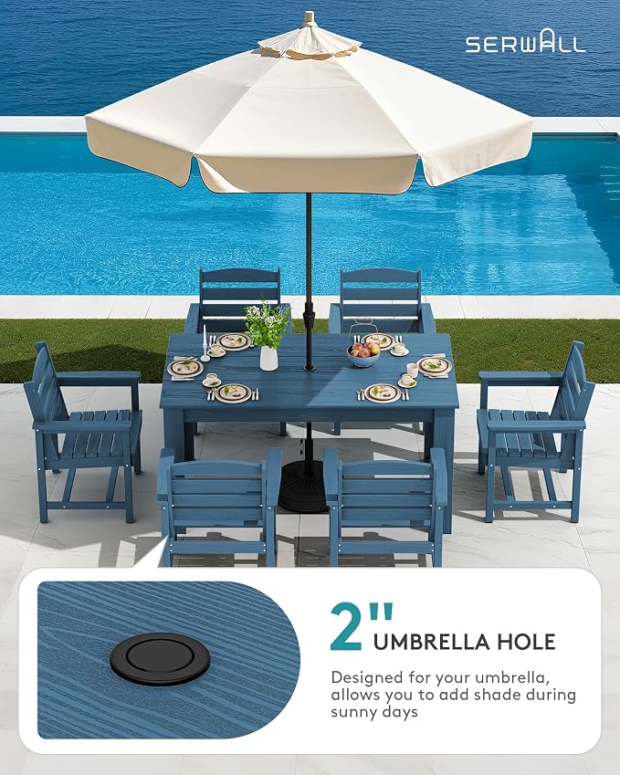 SERWALL 59" HDPE Outdoor Dining Set for 6, w/ 1 Table & 6 Armchairs, Blue | All Weather Resistant HDPE Dining Sets for Patio, Garden, Backyard