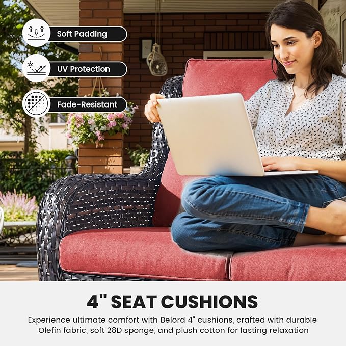 Belord Patio Wicker Furniture 4 Pieces Outdoor Furniture Set Patio Sofa Set with Wicker Chairs and Coffee Table, Paito Conversation Set for Porch Garden Deck Balcony Poolside Grey Red