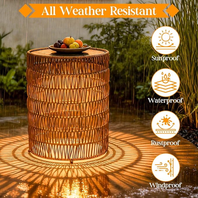 3 Pack Solar Outdoor Side Table with Integrated Glow Lights Set, Poolside Side End Table Waterproof Rattan Nesting Accent Table for Patio, Poolside, Backyard, Porch, Garden, Balcony Indoor Outdoor Use