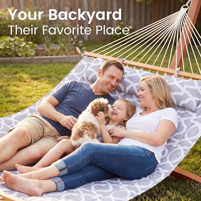 Everyfun Double Hammock with Spreader Bar,Soft Pillow,Max Load 500lbs,Portable Hammock for Outdoor,Camping,and Backyard,Mist Gray