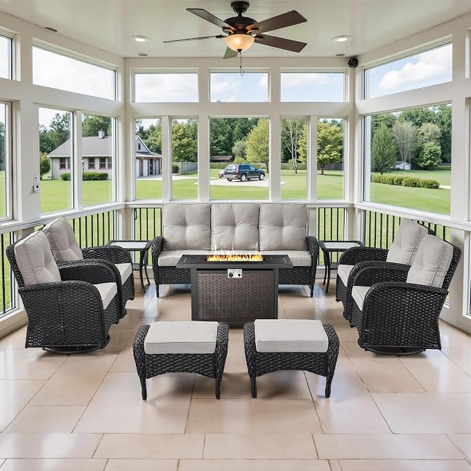 Belord Expansive 10 Pieces Outdoor Patio Furniture Set with 43” Propane Fire Pit Table, Patio Conversation Set with Swivel Rocker Outdoor Chairs Set of 4 and Sofa, Ottoman and Wicker Side Table Black