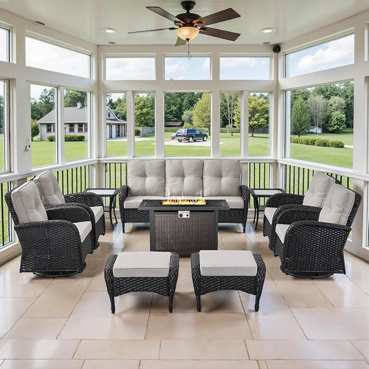 Belord Expansive 10 Pieces Outdoor Patio Furniture Set with 43” Propane Fire Pit Table, Patio Conversation Set with Swivel Rocker Outdoor Chairs Set of 4 and Sofa, Ottoman and Wicker Side Table Black
