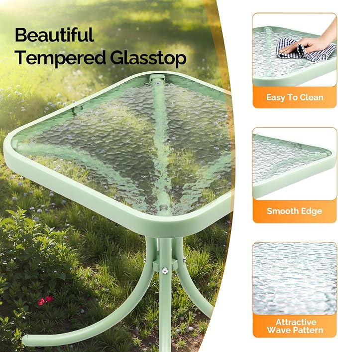 VINGLI Outdoor Side Table, 18" Patio Table Steel Frame Tempered Glass Top, Weatherproof Small Tables for Balcony Garden Poolside (Green, Square)