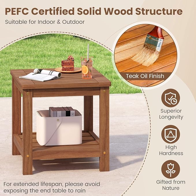 2 Pieces Adirondack Side Table, 2-Tier Square Wood Patio End Tables with Slatted Tabletop Storage Shelf, Accent Small Side Table Indoor Outdoor for Garden, Backyard, Porch & Living Room
