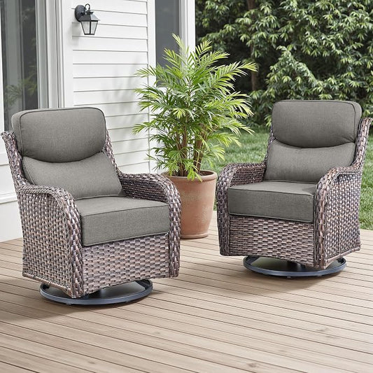 Rilyson Outdoor Swivel Rocker Chairs - All Weather Resistant Wicker Patio Furniture Set of 2 with High Back and 6 inch Thick Cushions for Deck Porch Yard and Poolside, Brown/Grey