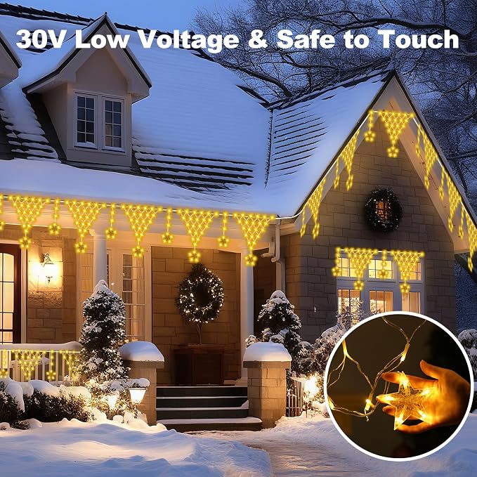 Outdoor Christmas Lights, 14FT 218 LED Curtain Lights, Hanging Fairy String Light, Plug-in LED String Light for Wedding, Party, Indoor, Christmas Decoration - Warm White