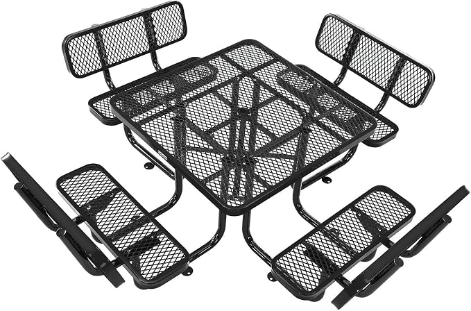 Global Industrial 46" Square Picnic Table with Backrests, Expanded Metal, Black Thermoplastic Coating, 1-1/2" Umbrella Hole, Outdoor-Rated, 1000 Lbs Capacity