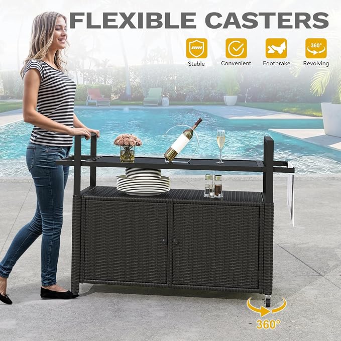 DWVO Outdoor Kitchen Island,Patio Buffet Cabinet with Storage, Bar Cart with Glass Top,Patio Storage Cabinet with Wheels,Outdoor Bar Table for Poolside and Backyard,Black