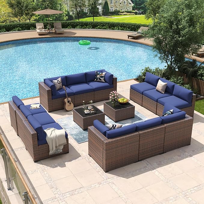 Aoxun 14 Piece Patio Furniture Set Wicker Rattan Patio Conversation Set Outdoor Sectional Sofa Set with Coffee Table and Thickened Cushions, Blue