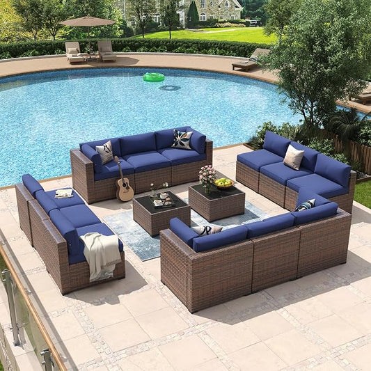 Aoxun 14 Piece Patio Furniture Set Wicker Rattan Patio Conversation Set Outdoor Sectional Sofa Set with Coffee Table and Thickened Cushions, Blue