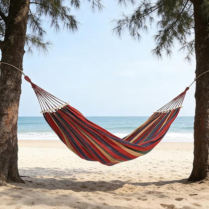Canvas & Wood Hammock, Red-Purple Striped, 129.9x59.1 inches, Extra Large Double Hammock, 500 LBS Weight Capacity, Portable with Storage Bag & 2x9.8ft Tree Ropes, Includes Installation Manual, for Out