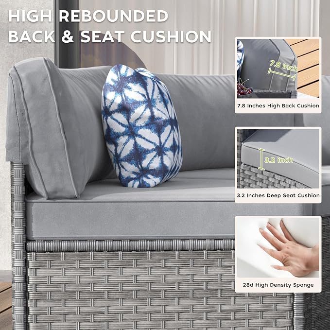 ABCASA Outdoor Patio Furniture Set with Coffee Table,7 Pieces Half-Moon Curved Outdoor Sectional Sofa and Side Table Waterproof Cover, Wicker Rattan Patio Coversation Set for Porch,Backyard(Grey)