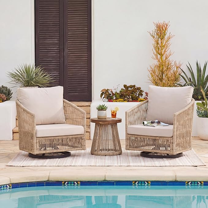 SUNSITT 3-Piece Patio Furniture Set, Outdoor Swivel Chairs with Wood Top Coffee Table, Modern Open Weave Wicker Patio Set for Balcony, Porch, Backyard, Deck, Natural Color