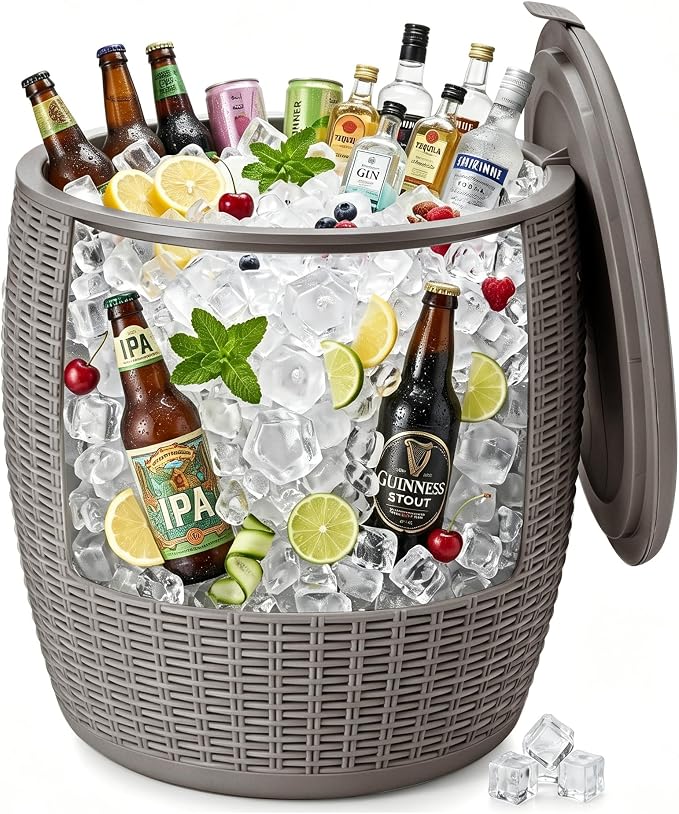Zapdos 9.5 Gallon Outdoor Cooler Table, 4-in-1 Patio Side Table Cooler and Wicker Storage Stool, 330lbs Capacity Lid