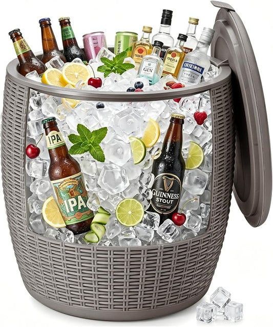 Zapdos 9.5 Gallon Outdoor Cooler Table, 4-in-1 Patio Side Table Cooler and Wicker Storage Stool, 330lbs Capacity Lid