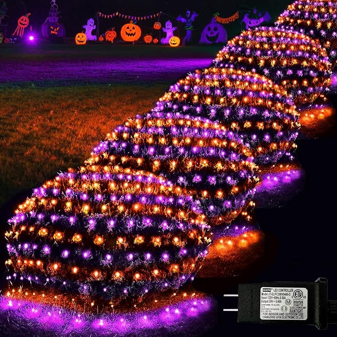 Orange and Purple Halloween Net Lights Outdoor, 28x 5ft Clear Wire | 510 LED Large Net Mesh Lights Plug in, 8 Modes Waterproof Connectable Bushes Lights for Halloween Hedge Yard Decor