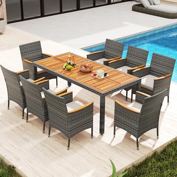 COSTWAY 9-Piece Patio Dining Set for 8, Outdoor Rattan Wicker Table and Chairs Furniture Set with Umbrella Hole, Acacia Wood Tabletop for Backyard, Balcony, Poolside, Grey & White