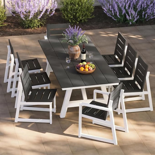 Costaelm Stinson 9-Piece Outdoor HDPE Patio Dining Table Set with Umbrella Hole & Dining Chairs for 8, Gray