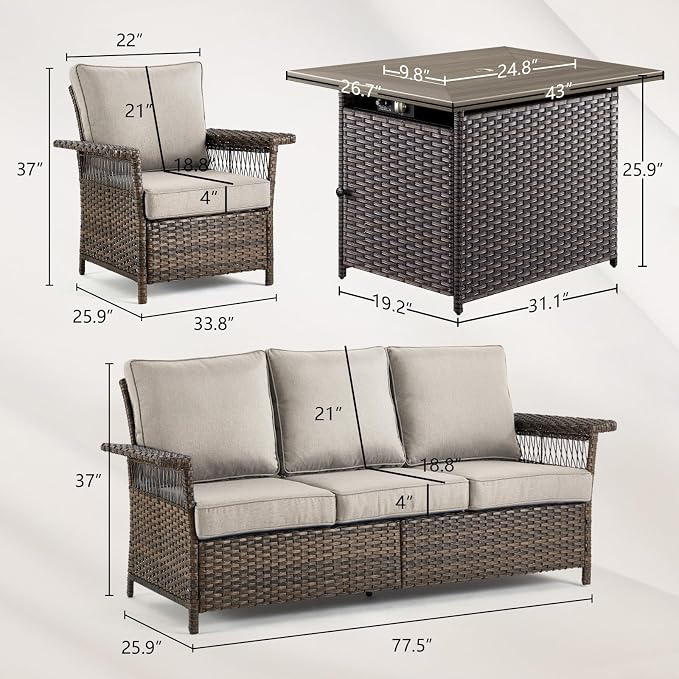 Patio Furniture Set with Fire Pit Table, 4PCS Patio Conversation Set Brown Resin Wicker Patio Chair and Sofa with 43in Rectangular Iron Firepit Table PE Rattan Patio Furniture Set