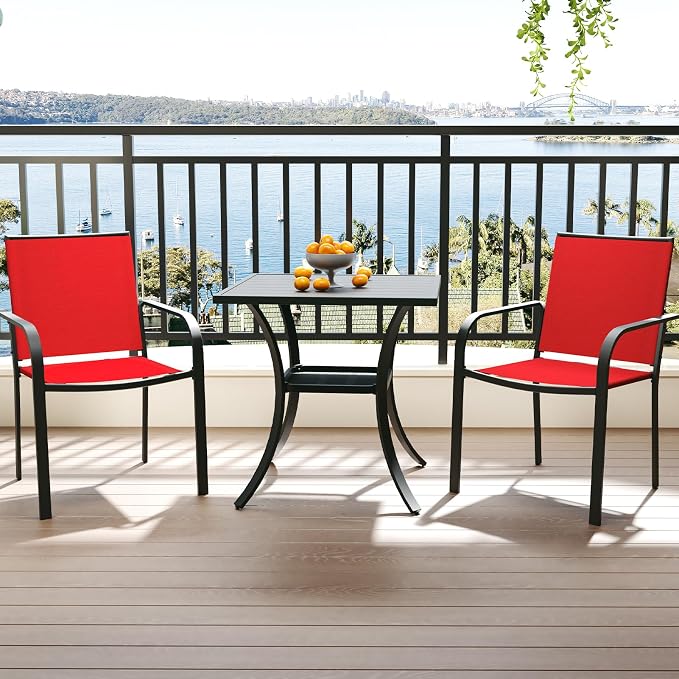 Anmutig 3-Piece Outdoor Dining Set, Small Metal Bistro Table with 2 Stackable Sling Chairs, 27.5 x 27.5 Inch Square Table, Red Fabric