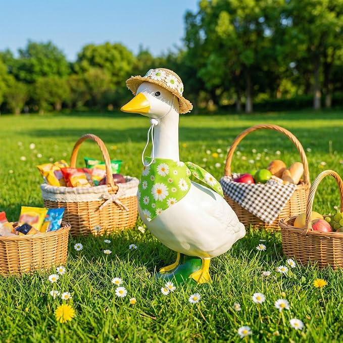 Daisy Porch Goose Outfits–2Pcs Cute Spring Goose Costumes for Porch Goose with Daisy Print Bib & Hat, Fit 23 Inch, Spring Summer Goose Decor for Garden Yard Patio