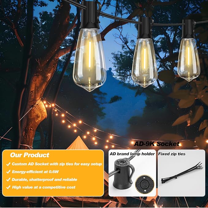50FT LED Outdoor String Lights Waterproof, Edison Lights for Outside | with 27 Shatterproof Vintage Edison Bulbs Connectable Hanging Patio Lights for Yards Balcony Porch Bistro Garden Decor