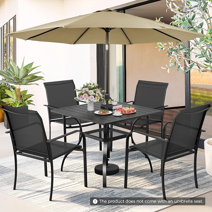 Incbruce 6 Pieces Patio Dining Set with Brown Umbrella, Outdoor Dining Set of 4 Textilene Chairs and Square Table with Umbrella Hole for Backyard, Garden, and Poolside (Black)