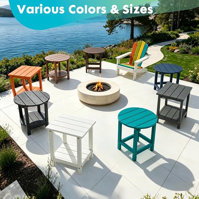 Outdoor 2-Tier Square Side Table, Adirondack Weather Resistant Patio End Table, Low Maintenance HDPE Accent Table for Backyard, Pool, Porch, Deck, White