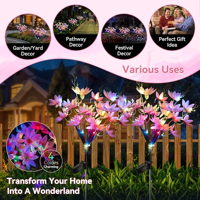 Neporal Solar Flowers Outdoor Waterproof IP65, 5-Head Snow Lotus with 20+ Flowers, 4-Color Light & 2 Lighting Modes, Decorative Solar Lights Outdoor Garden, Yard, Pathway, Flower Bed (6-Pack, Pink)