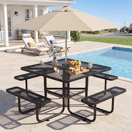46" Square Metal Picnic Table with 1.73" Umbrella Hole, Commercial Steel Picnic Table, Heavy Duty Picnic Tables with Benches for Outdoor Garden Courtyard BBQ, Black