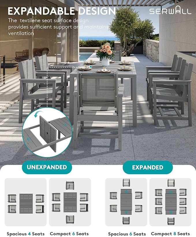 SERWALL Outdoor Dining Chairs Set of 2, Grey | All-Weather HDPE and Patio Textilene Chairs Suitable for Outdoor Dining Table
