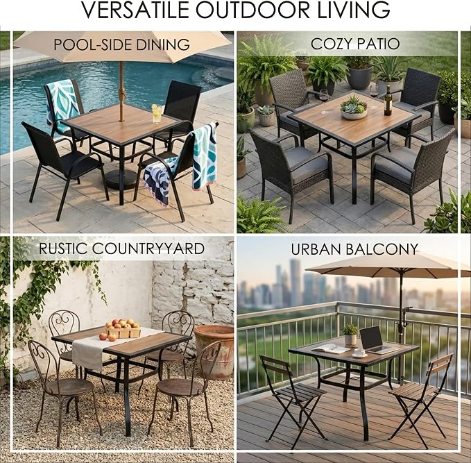 Kozyard 37" Square Outdoor Dining Table for 4, Patio Table with Umbrella Hole, Heavy Duty Steel Frame & Wood-Look Top, Weather Resistant Patio Table for Backyard, Balcony, Garden Black