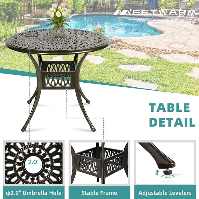 MEETWARM 5 Piece Outdoor Furniture Patio Dining Set, All-Weather Cast Aluminum Patio Table and Chairs Set- 4 Cushioned Chairs, 1 Round Dining Table with Umbrella Hole for Backyard, Chili Red