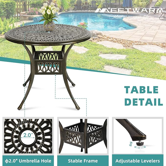 MEETWARM 5 Piece Outdoor Furniture Patio Dining Set, All-Weather Cast Aluminum Patio Table and Chairs Set- 4 Cushioned Chairs, 1 Round Dining Table with Umbrella Hole for Backyard Garden Deck