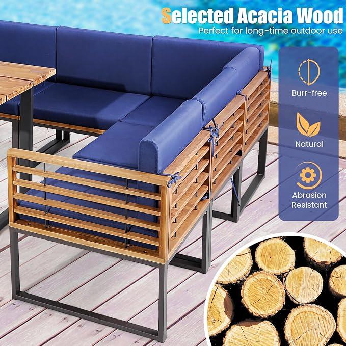 Tangkula Patio Dining Set for 8, Acacia Wood Heavy Duty L Shaped Outdoor Sectional Sofa Set with Soft Padded Cushions, for Backyard Poolside Deck Garden (Navy Blue)