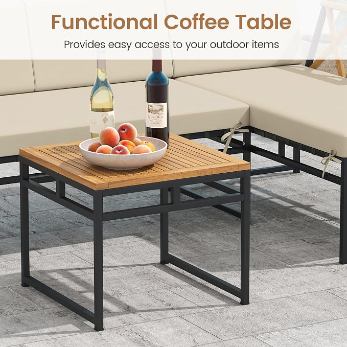 Tangkula 3 Pieces L-Shaped Outdoor Furniture Set, Acacia Wood Patio Sectional Cushioned Conversation Sofa with Square Coffee Table, for Porch, Backyard & Poolside (Beige)