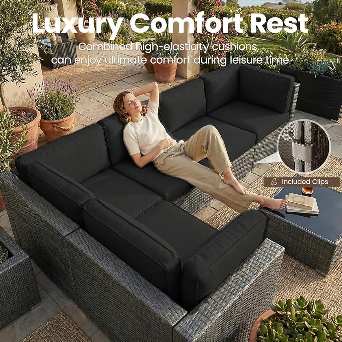 10 Pieces Patio Furniture Set with 44" Propane Gas Fire Pit Table, Outdoor Sectional Wicker Conversation Sofa Sets with Coffee Table