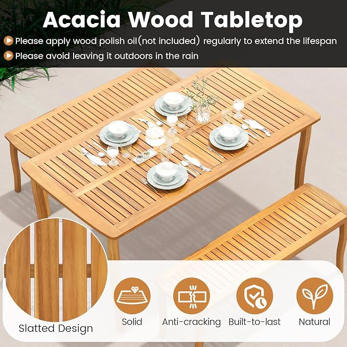 Tangkula 63-Inch Acacia Wood Outdoor Dining Table, 4-6 People Rectangle Patio Table with Umbrella Hole & Slatted Tabletop, Outside Table for Backyard, Garden, Porch, Deck