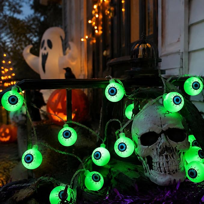 Crazy Night Halloween String Lights 10Ft 20 LEDs Battery Operated Green Eyeball Lights with Steady Flashing Modes Halloween Party Decor