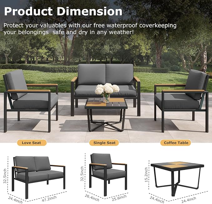 5-Piece Patio Furniture Set with 28” Propane Fire Pit Table, Heavy-Duty Metal Outdoor Conversation Set with Deep Cushions & Wood-Like Armrests for Patio, Porch, Backyard, Garden – Black