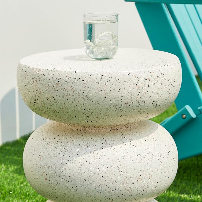 Glitzhome Outdoor Side Table, Round Small End Table with White Geometric Terrazzo Finish MGO Hourglass Garden Stool, Set of 2 Decorative Accent Table for Living Room Planter Stand Backyard Patio Porch