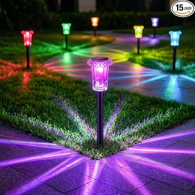 Eyrosa Solar Pathway Lights Outdoor Waterproof Starburst Pattern 15 Pack | Solar Outdoor Lights for Garden Yard Lawn Path Walkway Driveway Labdscape,Stake Lighting Outside Decor