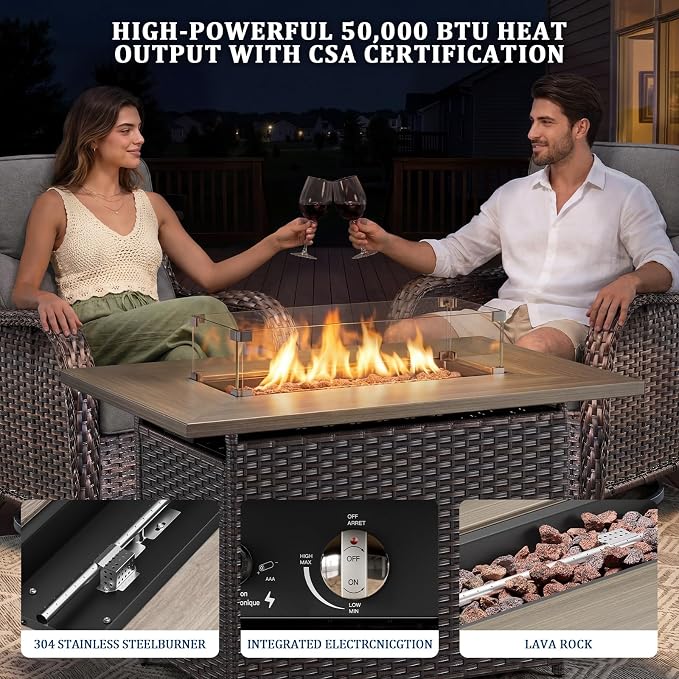 Luxury Swivel Rocker Chairs Fire Pit Set with 6" Thick Cushion 8 piece Wicker Outdoor Patio Chair with Sofa and Side Table,Comfortable High Back Outdoor Patio Furniture Set - Brown | Gery